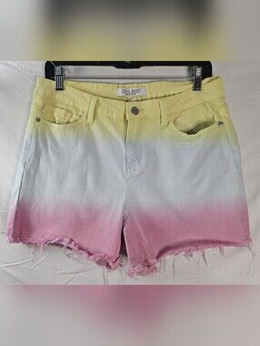 Judy Blue Yellow Lt. Blue Pink Tie Dye Stretch Denim Shorts Raw Hem Lg